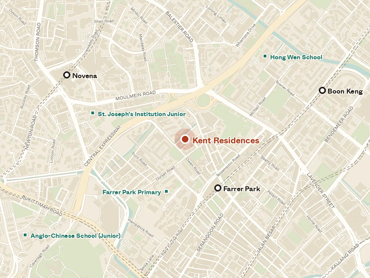 Map of the area around Kent Residences, with nearby MRT stations and primary schools