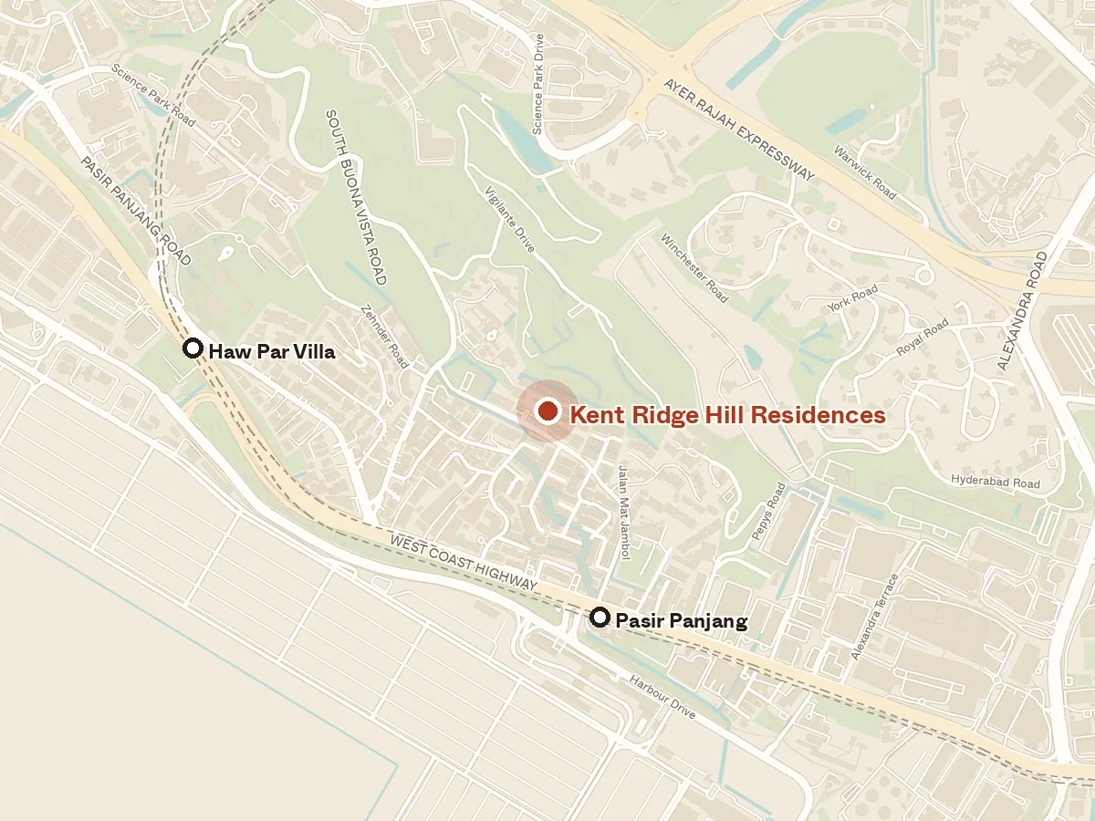 Map of the area around Kent Ridge Hill Residences, with nearby MRT stations and primary schools