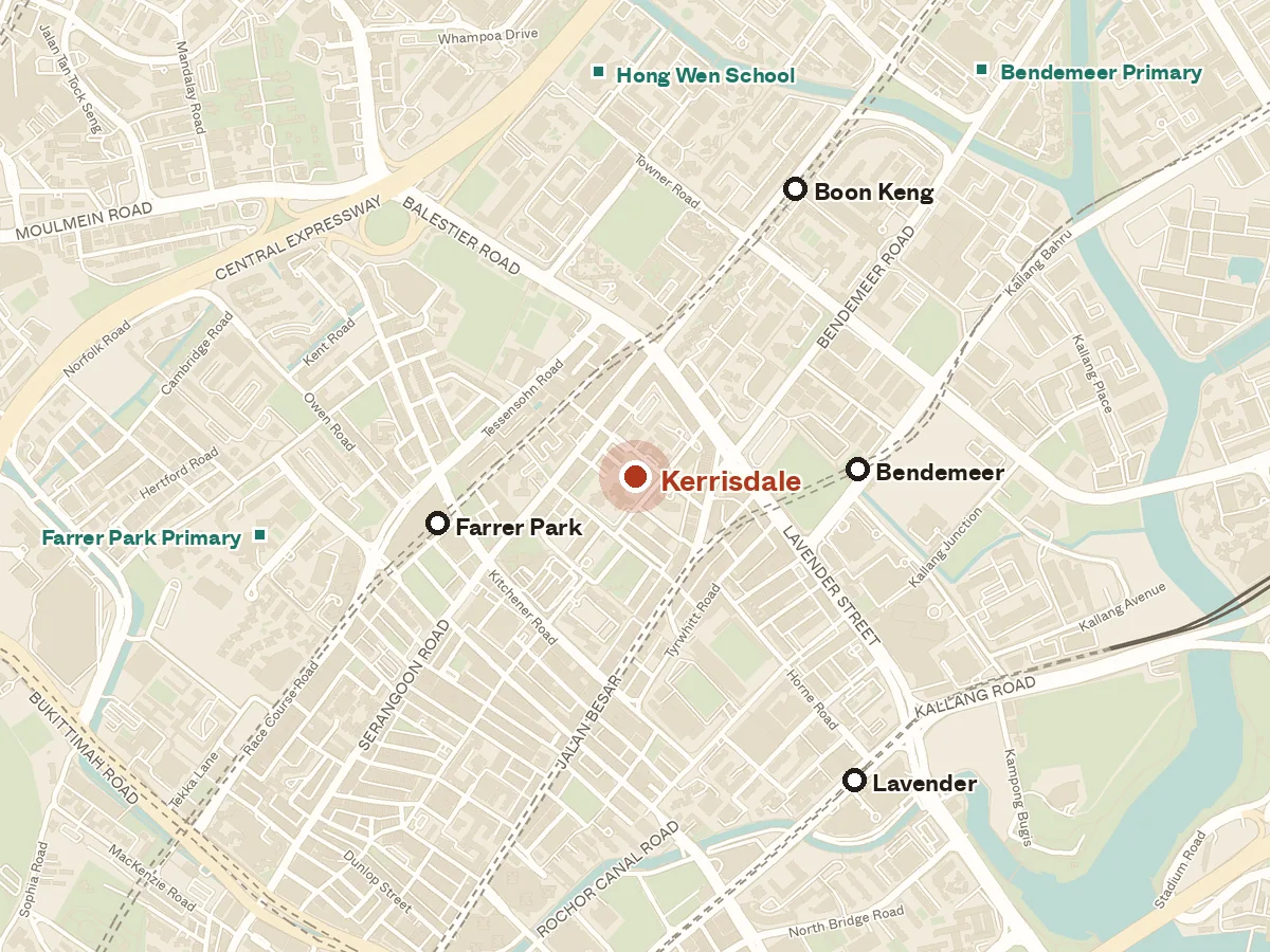Map of the area around Kerrisdale, with nearby MRT stations and primary schools