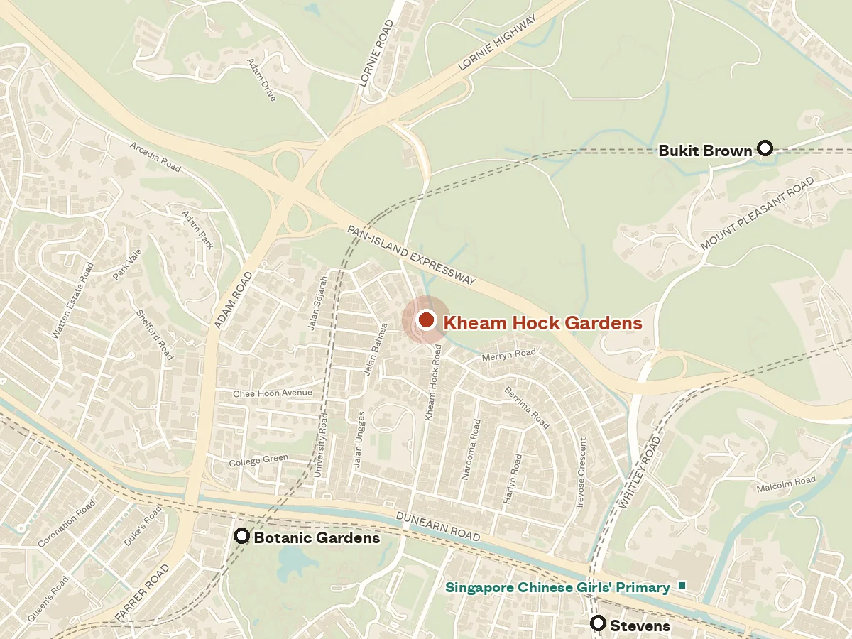 Map of the area around Kheam Hock Gardens, with nearby MRT stations and primary schools