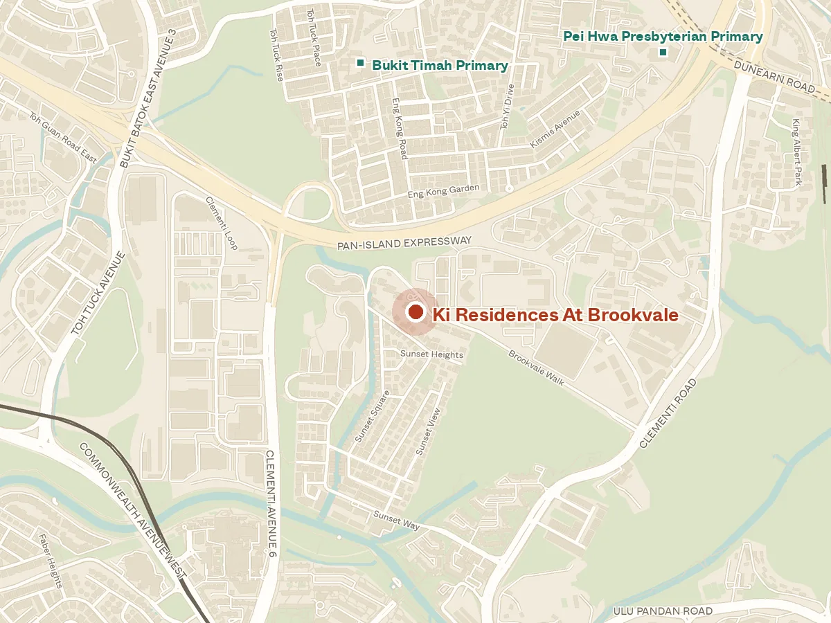 Map of the area around Ki Residences at Brookvale, with nearby MRT stations and primary schools