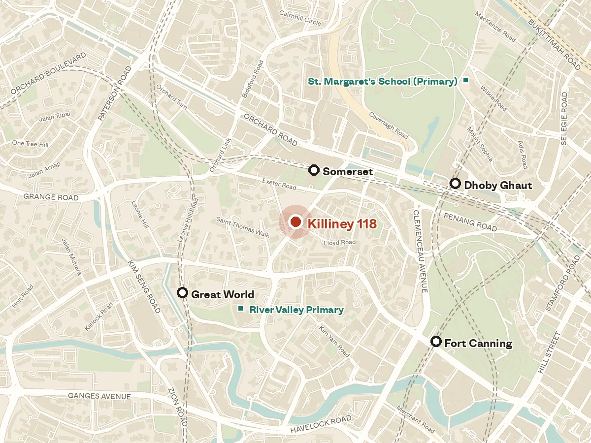 Map of the area around Killiney 118, with nearby MRT stations and primary schools