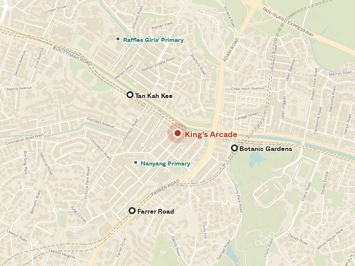 Map of the area around King's Arcade, with nearby MRT stations and primary schools