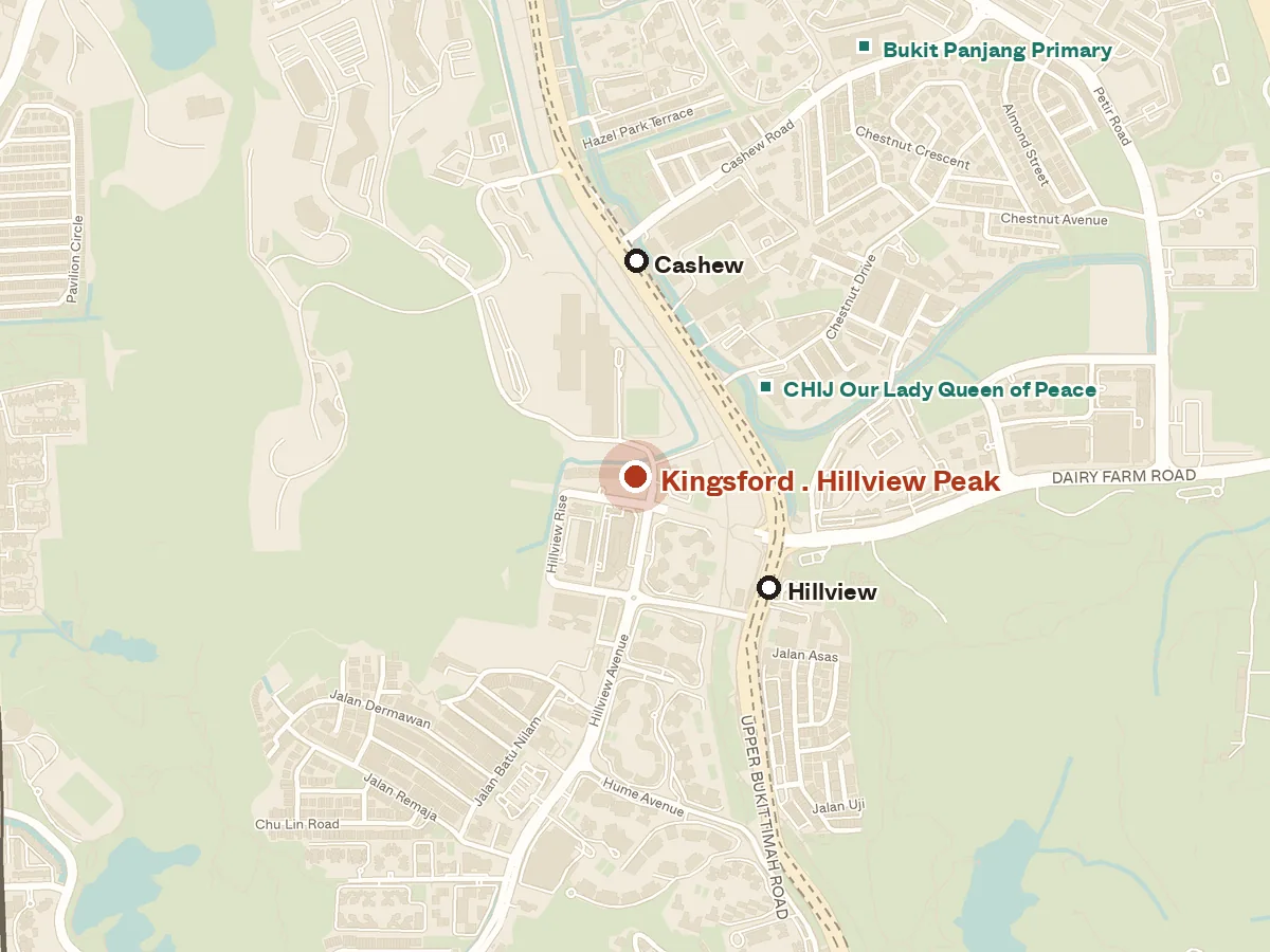Map of the area around Kingsford . Hillview Peak, with nearby MRT stations and primary schools