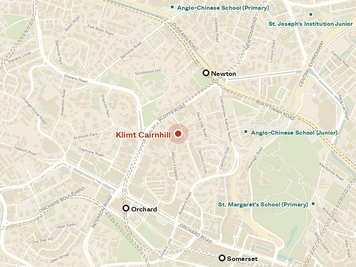 Map of the area around Klimt Cairnhill, with nearby MRT stations and primary schools