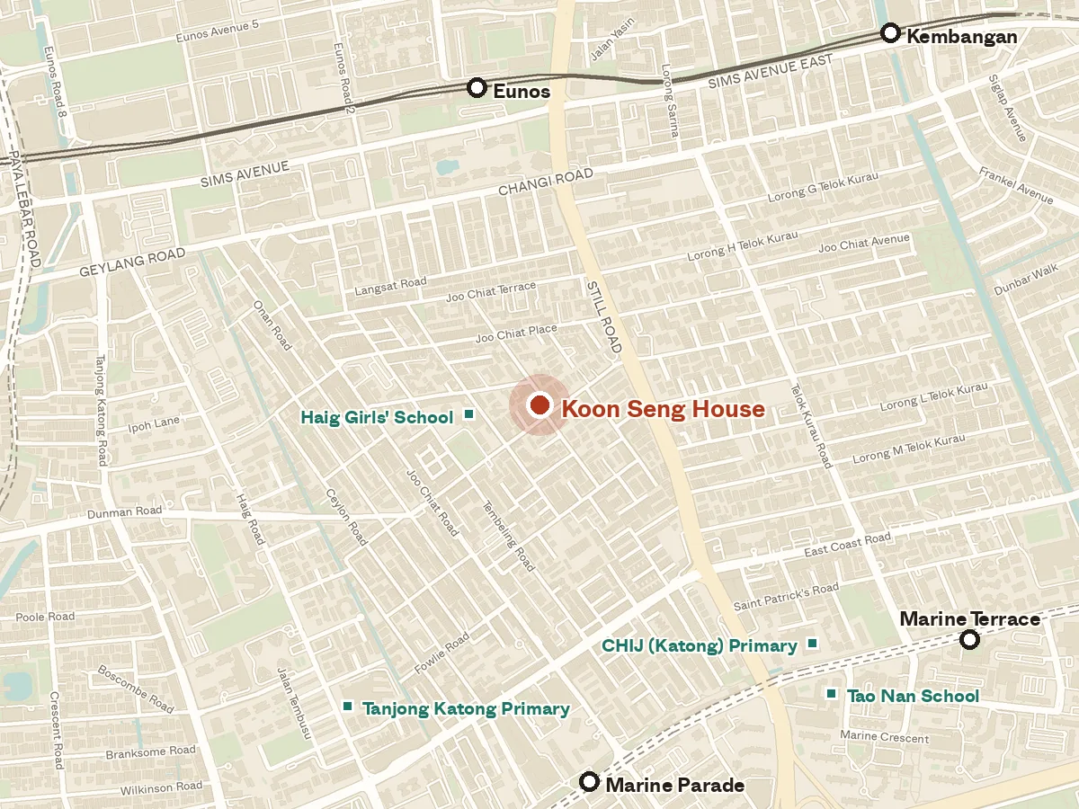 Map of the area around Koon Seng House, with nearby MRT stations and primary schools
