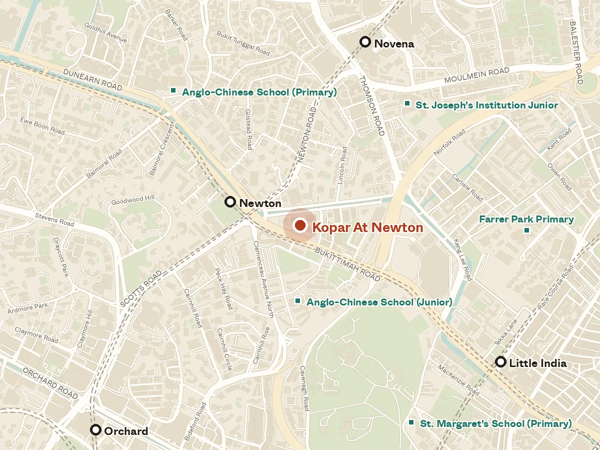 Map of the area around Kopar at Newton, with nearby MRT stations and primary schools