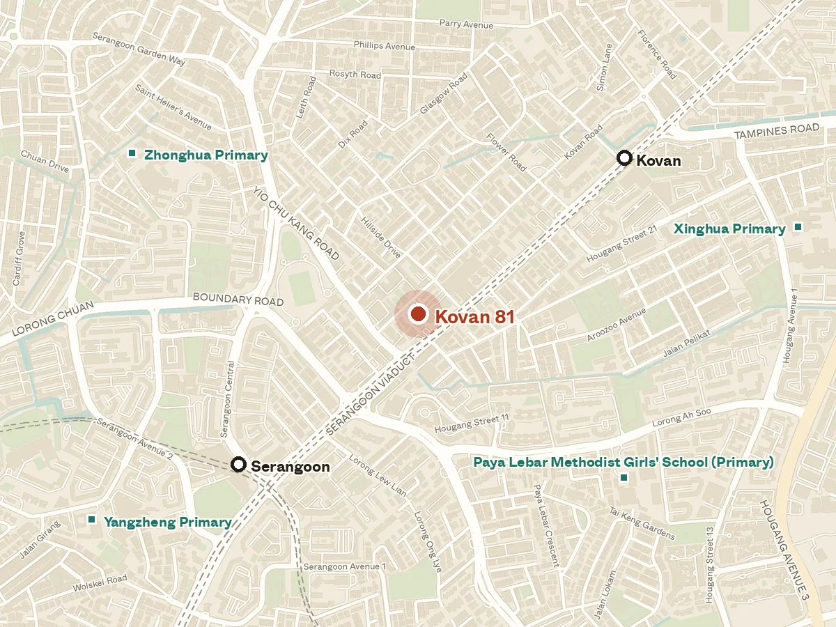 Map of the area around Kovan 81, with nearby MRT stations and primary schools