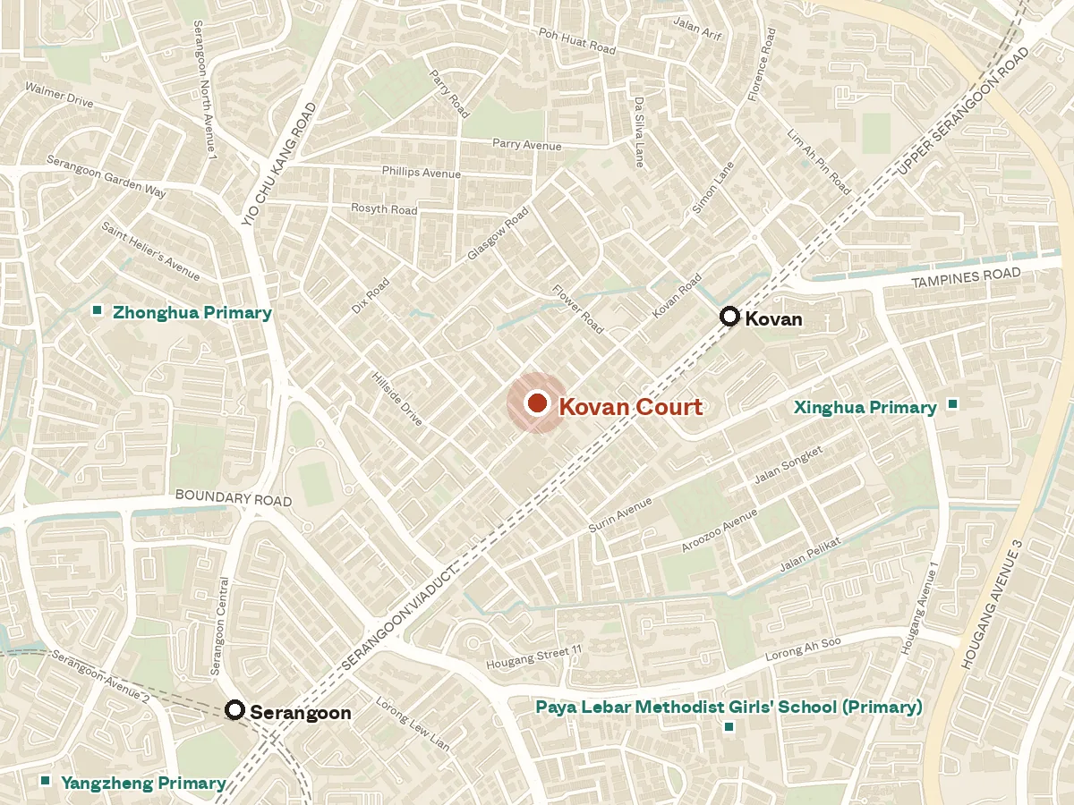 Map of the area around Kovan Court, with nearby MRT stations and primary schools