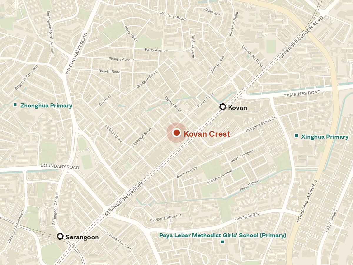 Map of the area around Kovan Crest, with nearby MRT stations and primary schools
