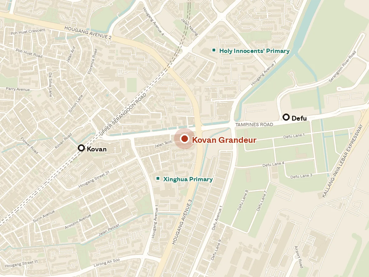 Map of the area around Kovan Grandeur, with nearby MRT stations and primary schools