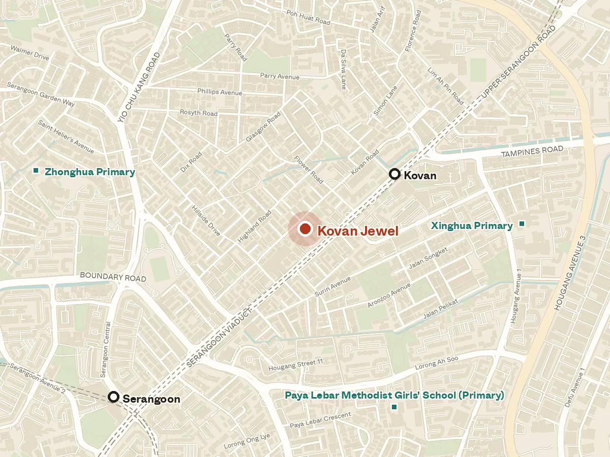 Map of the area around Kovan Jewel, with nearby MRT stations and primary schools