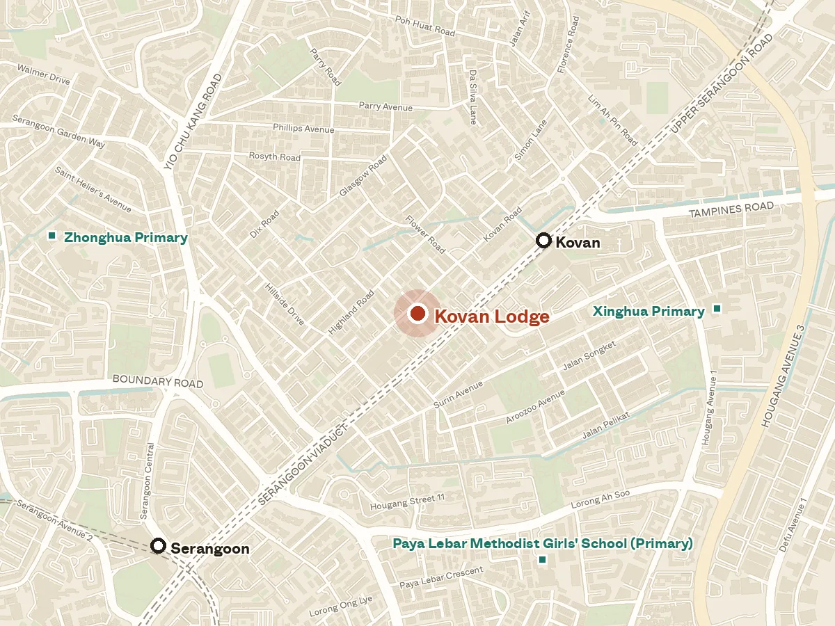 Map of the area around Kovan Lodge, with nearby MRT stations and primary schools