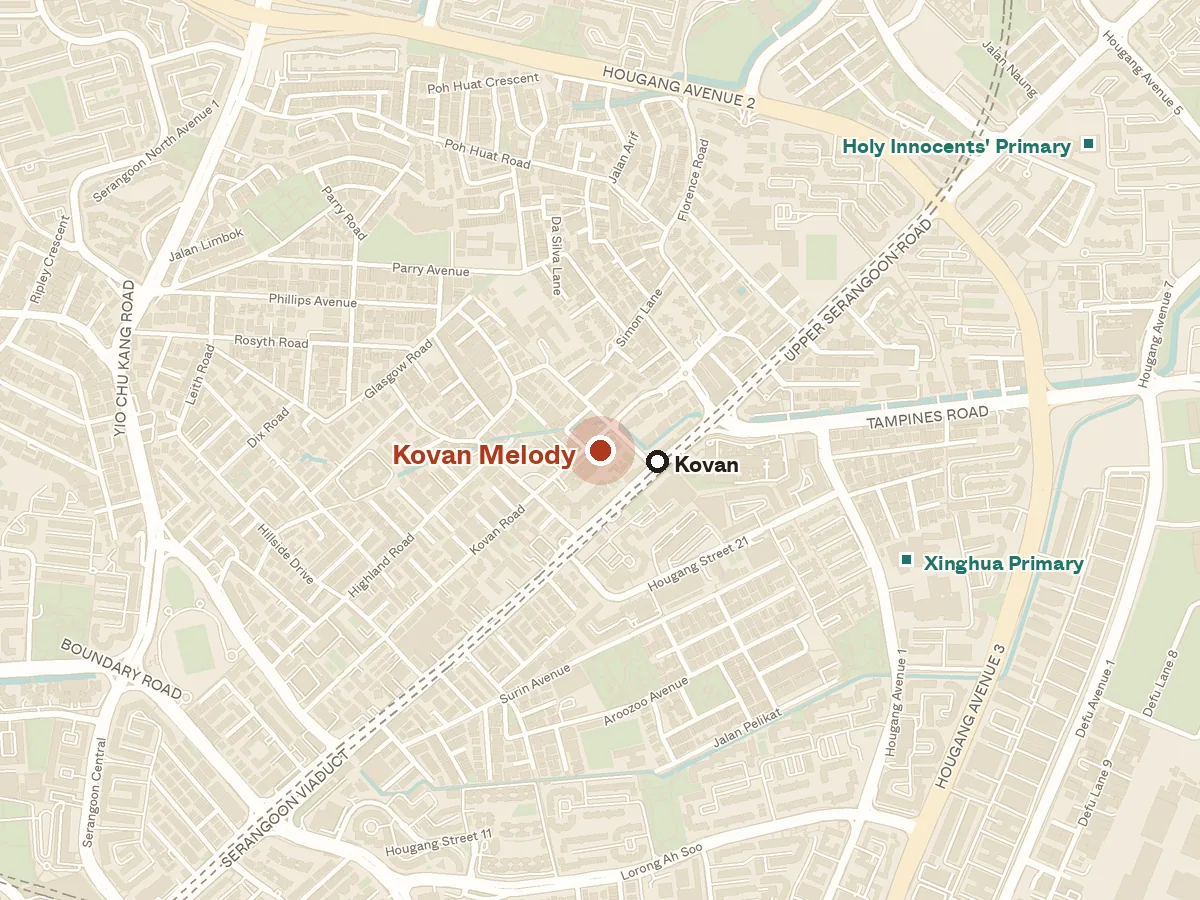 Map of the area around Kovan Melody, with nearby MRT stations and primary schools