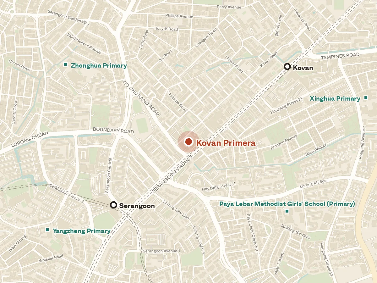 Map of the area around Kovan Primera, with nearby MRT stations and primary schools