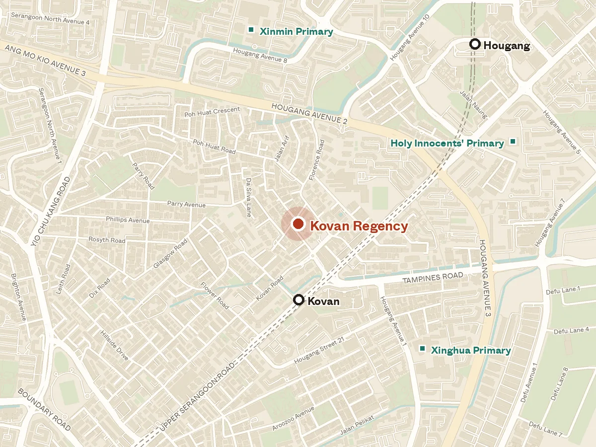 Map of the area around Kovan Regency, with nearby MRT stations and primary schools