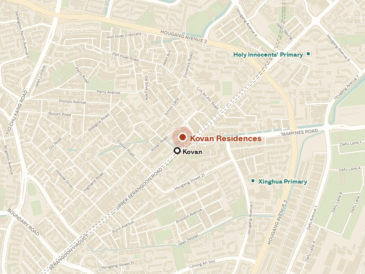 Map of the area around Kovan Residences, with nearby MRT stations and primary schools