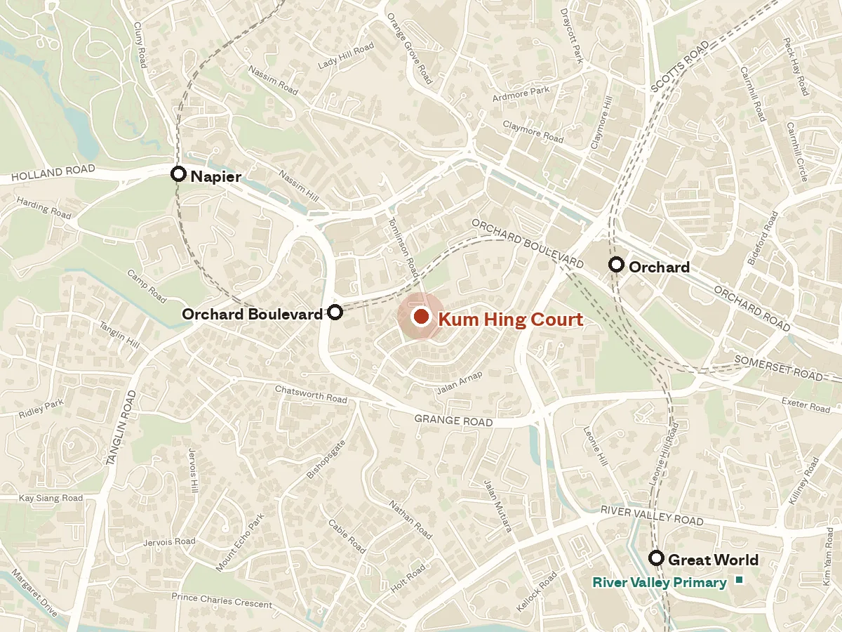 Map of the area around Kum Hing Court, with nearby MRT stations and primary schools