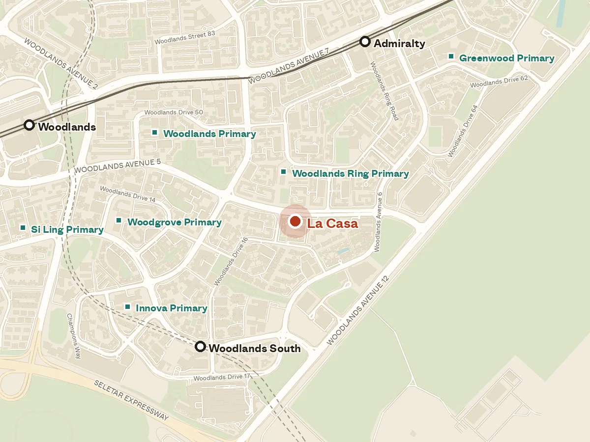 Map of the area around La Casa, with nearby MRT stations and primary schools
