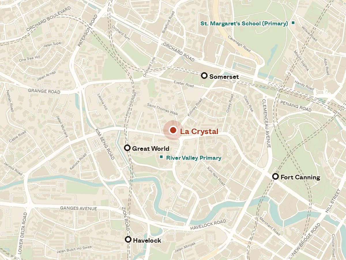 Map of the area around La Crystal, with nearby MRT stations and primary schools