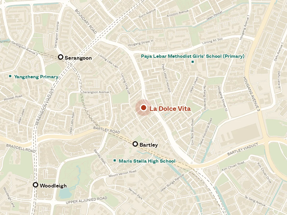 Map of the area around La Dolce Vita, with nearby MRT stations and primary schools