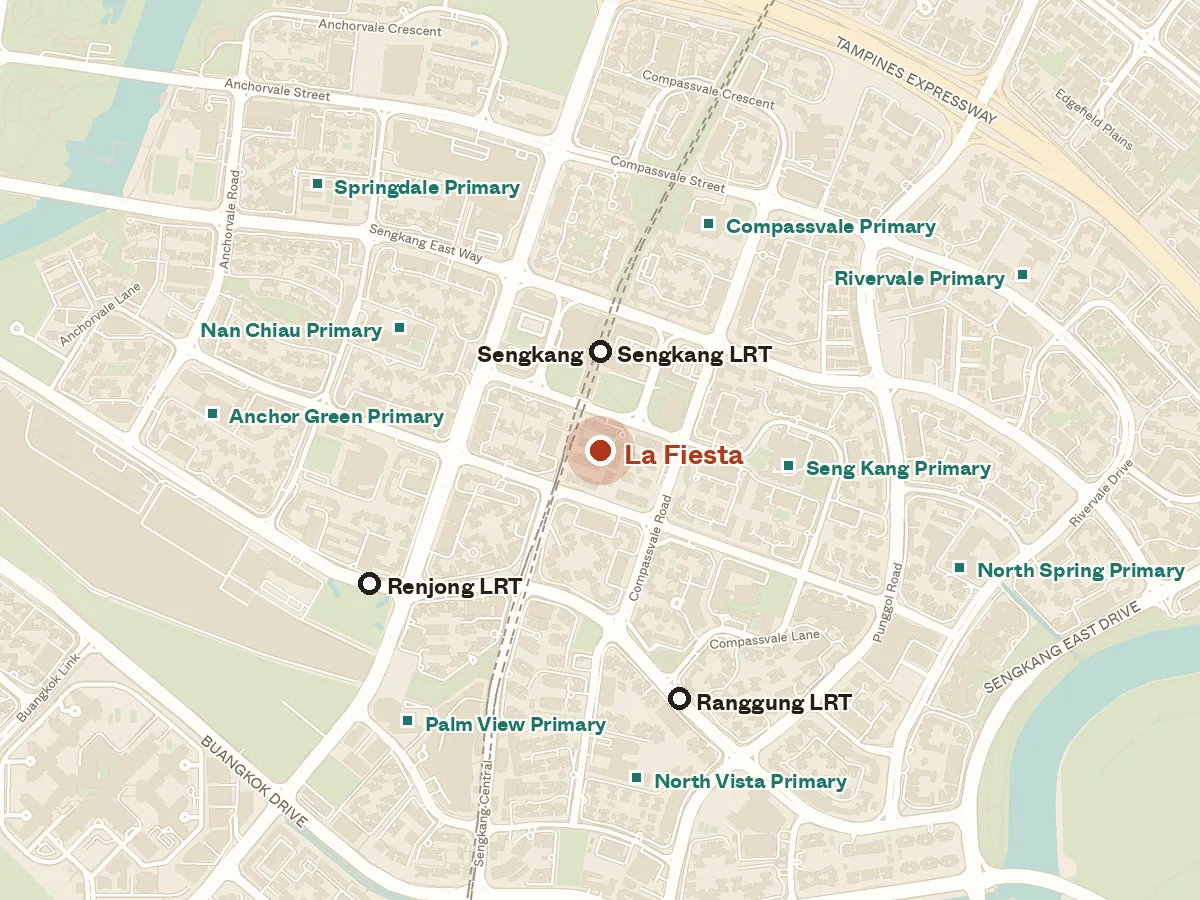 Map of the area around La Fiesta, with nearby MRT stations and primary schools
