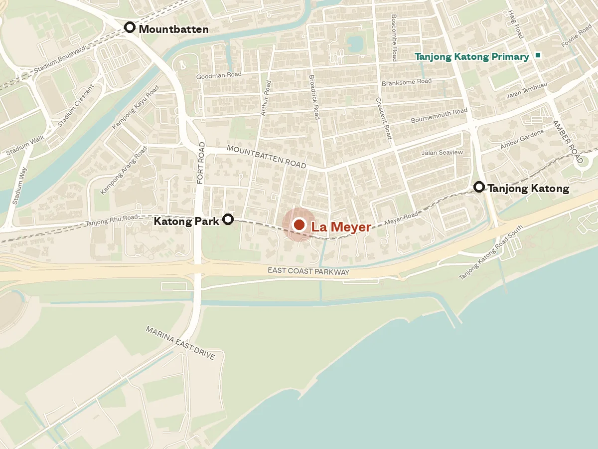 Map of the area around La Meyer, with nearby MRT stations and primary schools