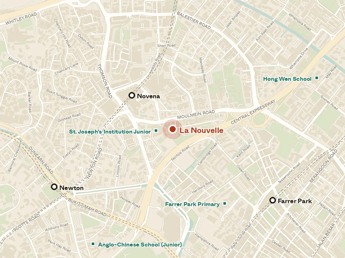 Map of the area around La Nouvelle, with nearby MRT stations and primary schools