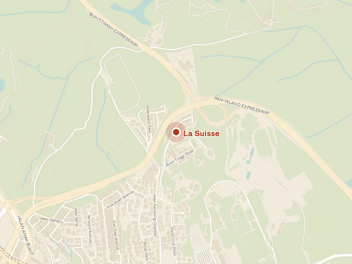 Map of the area around La Suisse, with nearby MRT stations and primary schools