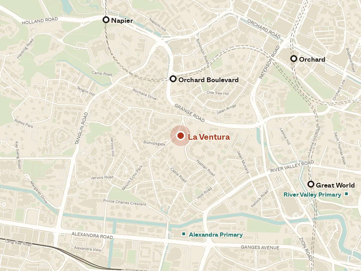 Map of the area around La Ventura, with nearby MRT stations and primary schools