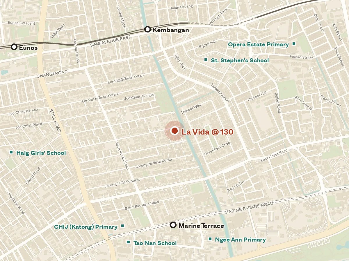 Map of the area around La Vida @ 130, with nearby MRT stations and primary schools