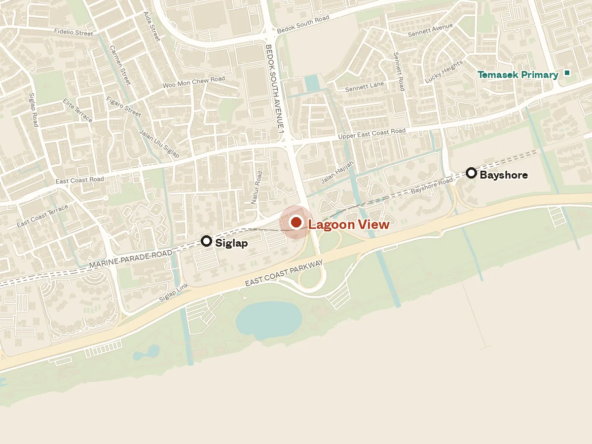Map of the area around Lagoon View, with nearby MRT stations and primary schools