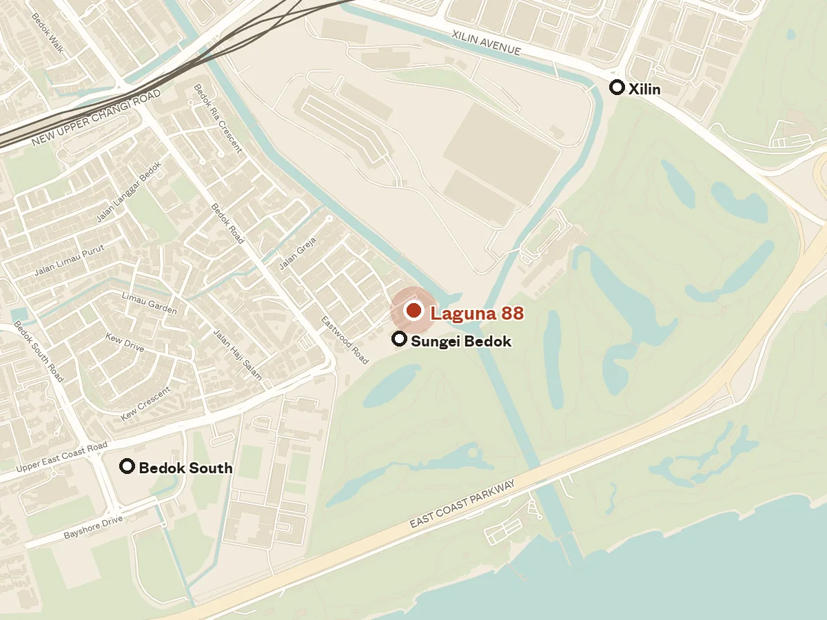 Map of the area around Laguna 88, with nearby MRT stations and primary schools