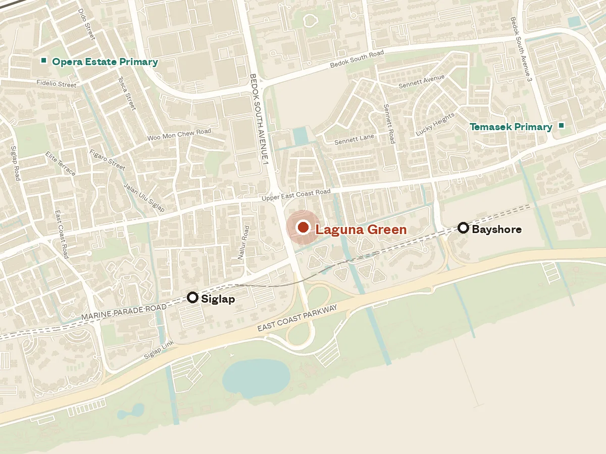 Map of the area around Laguna Green, with nearby MRT stations and primary schools