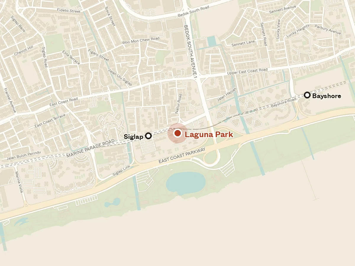 Map of the area around Laguna Park, with nearby MRT stations and primary schools