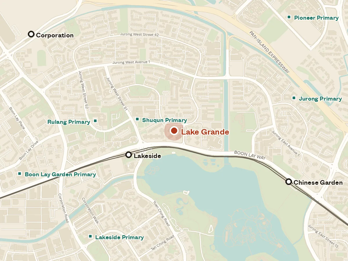 Map of the area around Lake Grande, with nearby MRT stations and primary schools