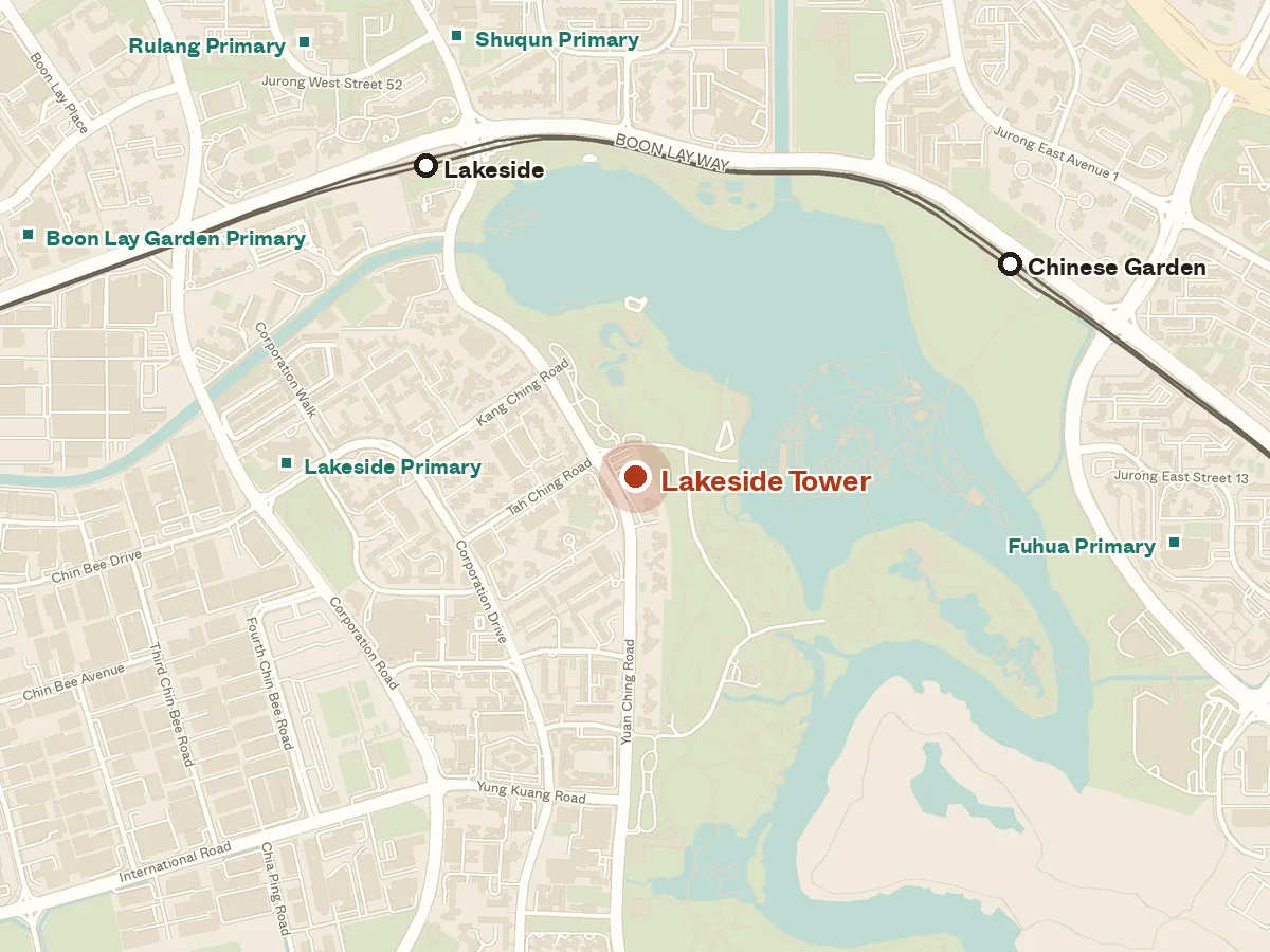 Map of the area around Lakeside Tower, with nearby MRT stations and primary schools