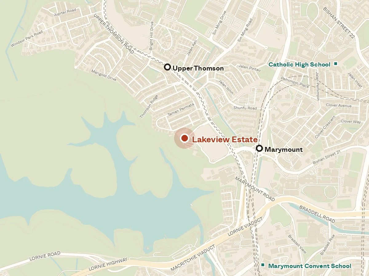 Map of the area around Lakeview Estate, with nearby MRT stations and primary schools