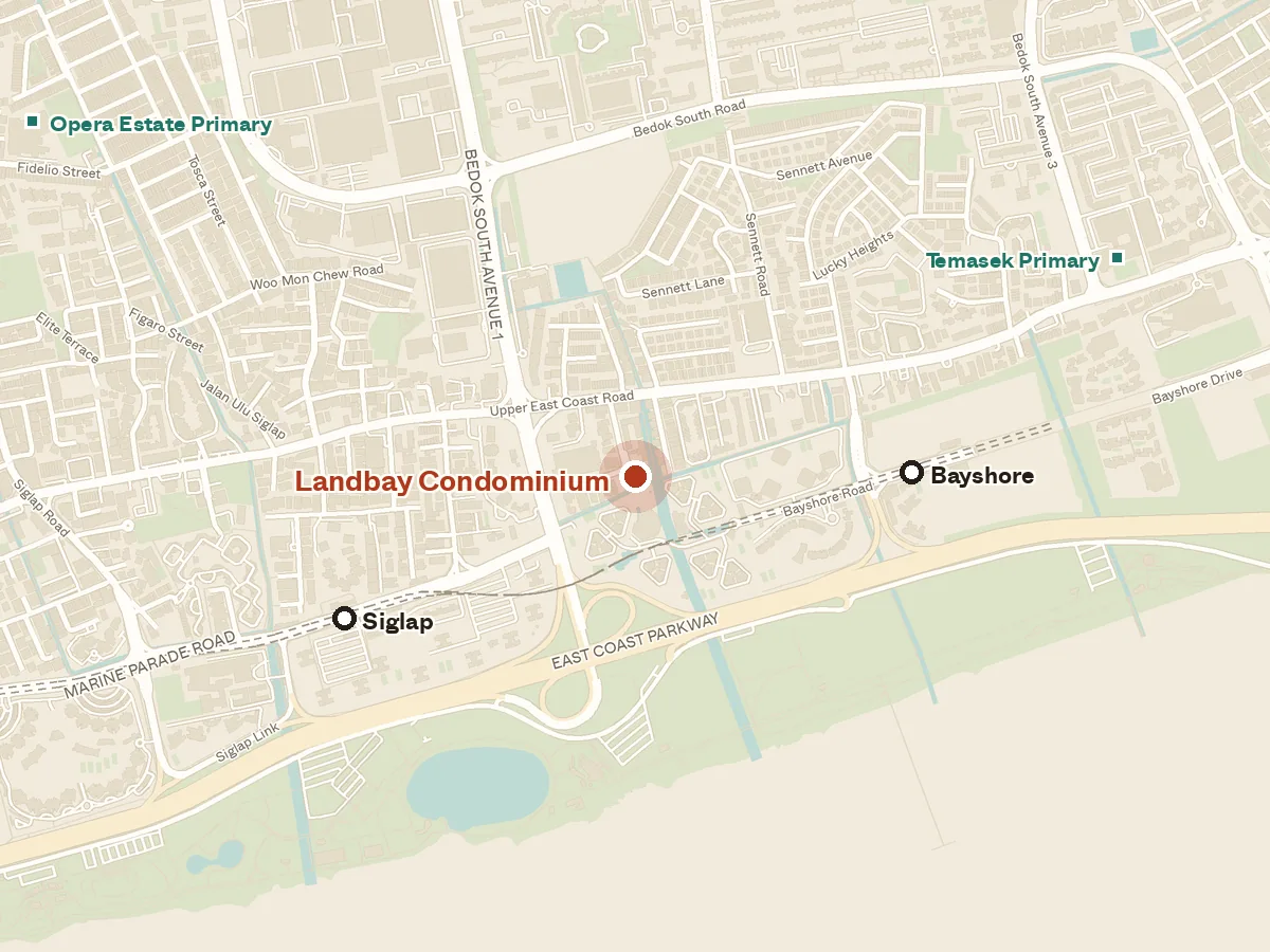 Map of the area around Landbay Condominium, with nearby MRT stations and primary schools