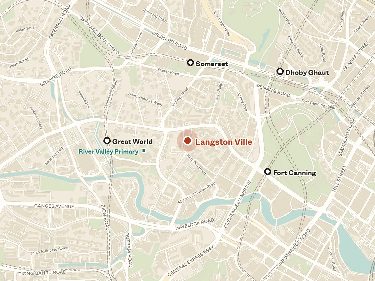 Map of the area around Langston Ville, with nearby MRT stations and primary schools
