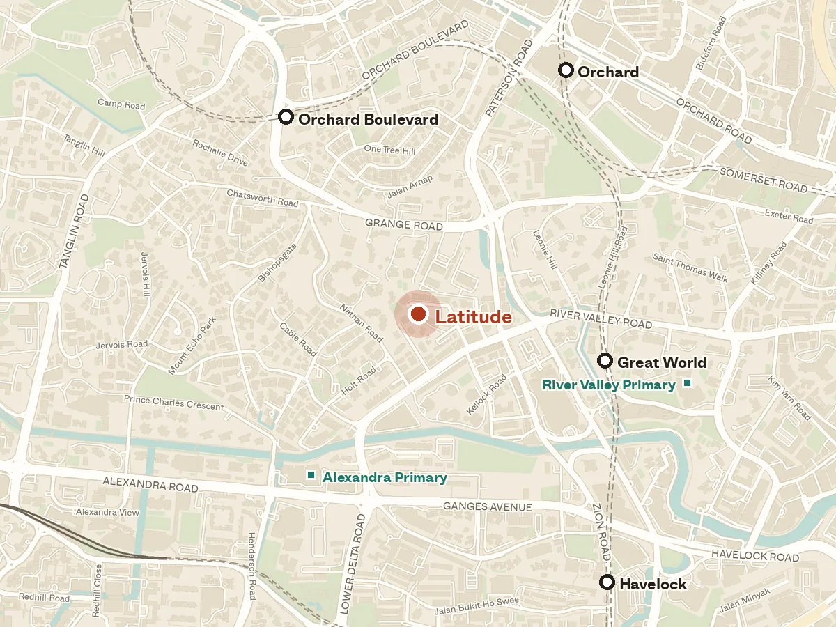 Map of the area around Latitude, with nearby MRT stations and primary schools