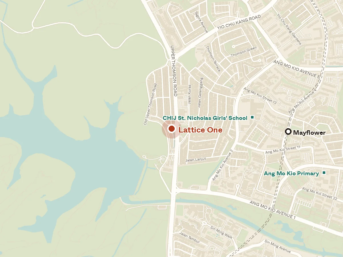 Map of the area around Lattice One, with nearby MRT stations and primary schools