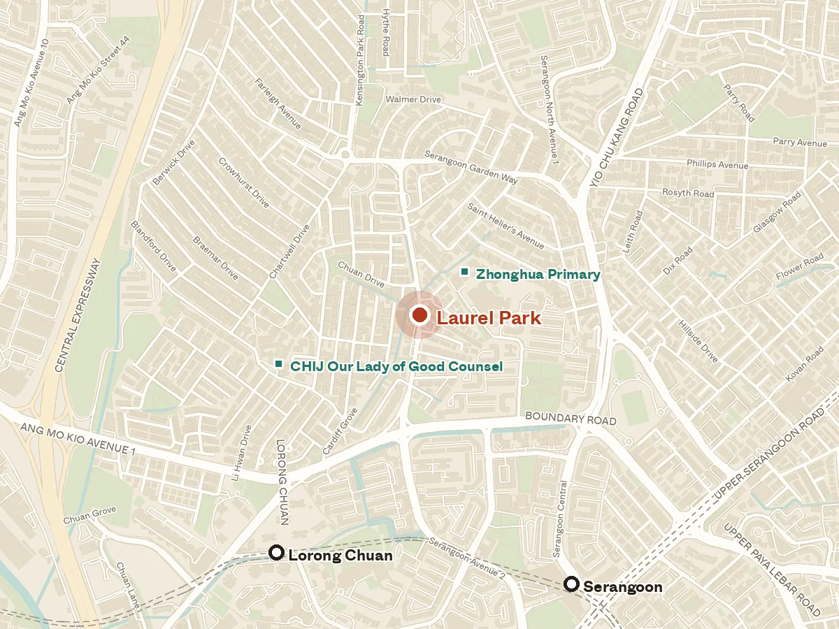Map of the area around Laurel Park, with nearby MRT stations and primary schools