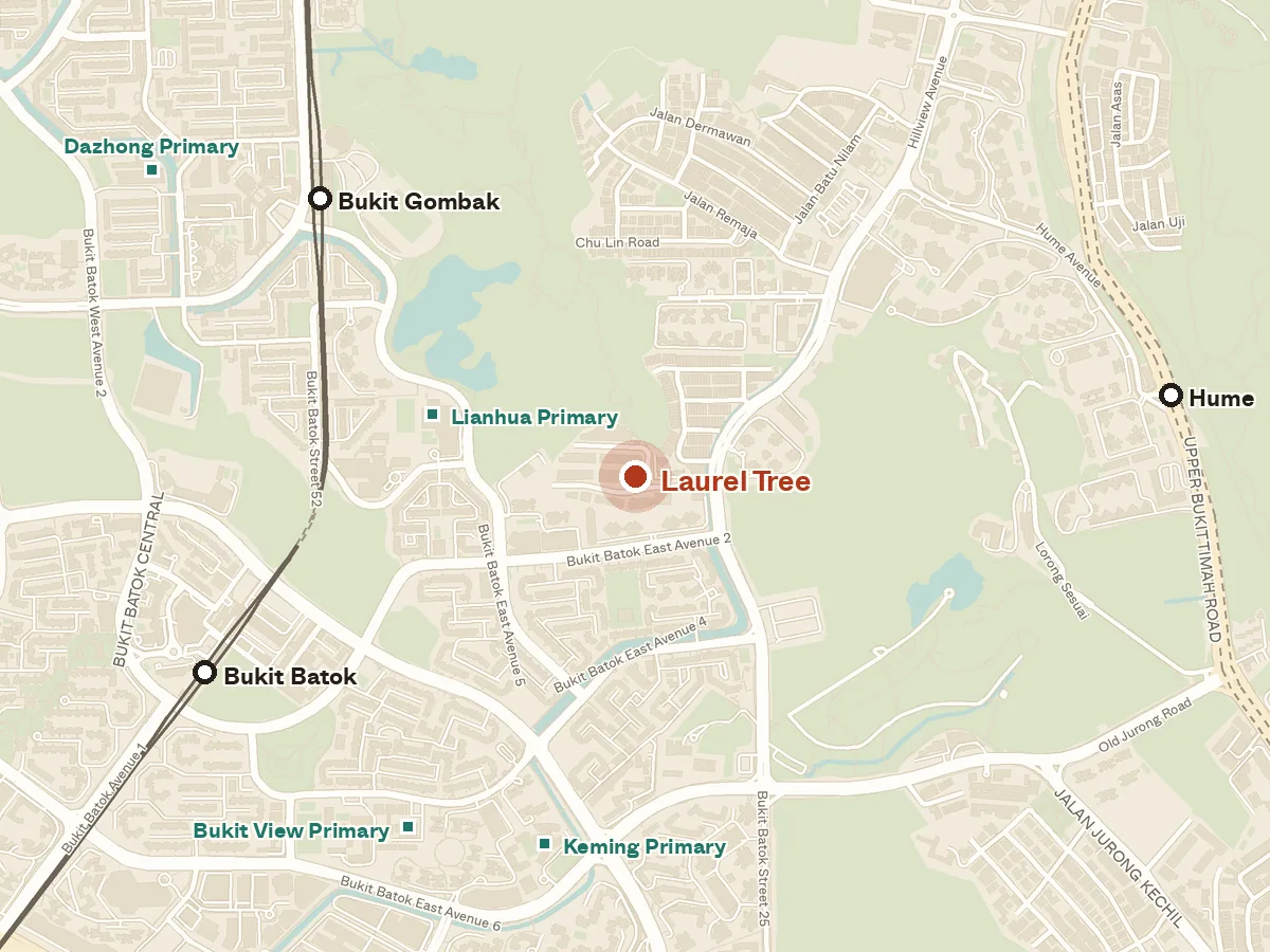 Map of the area around Laurel Tree, with nearby MRT stations and primary schools