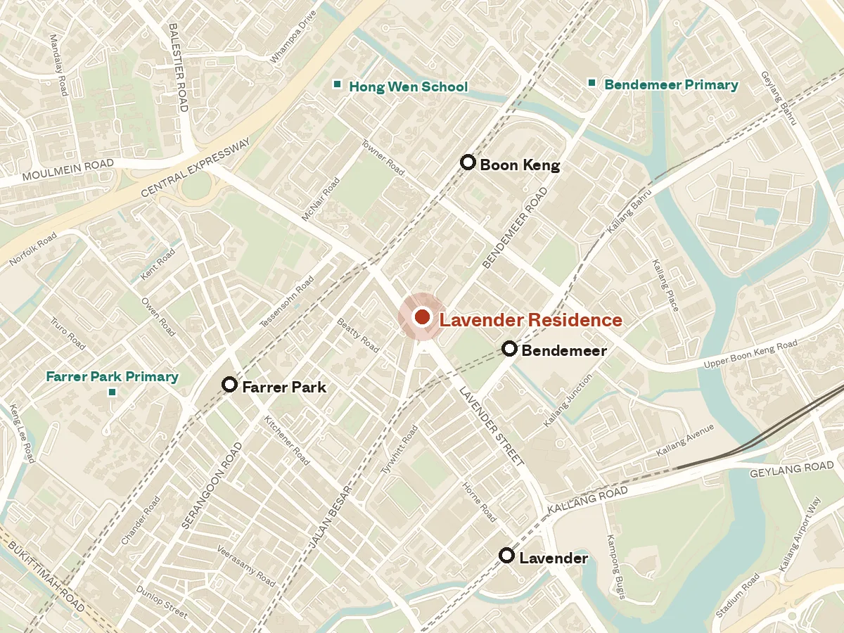 Map of the area around Lavender Residence, with nearby MRT stations and primary schools