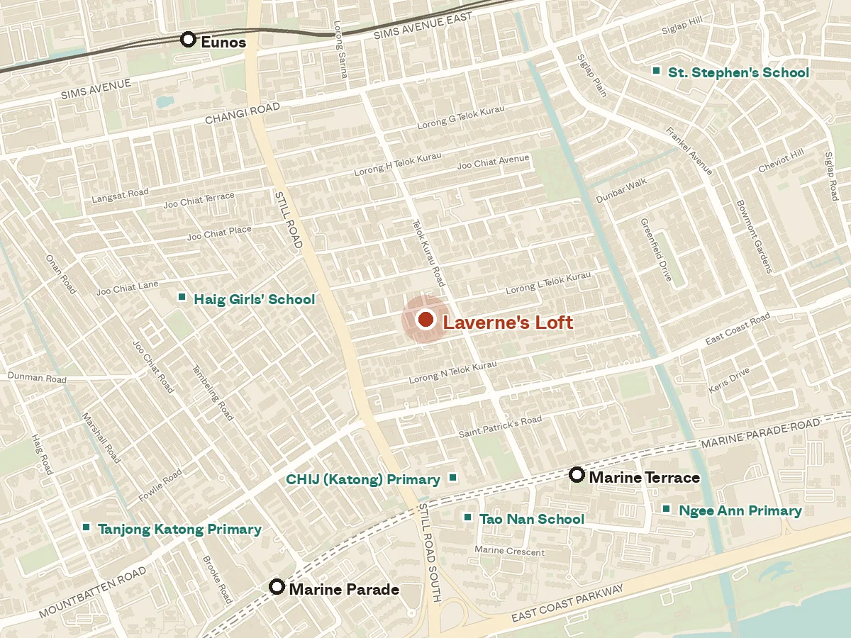 Map of the area around Laverne's Loft, with nearby MRT stations and primary schools