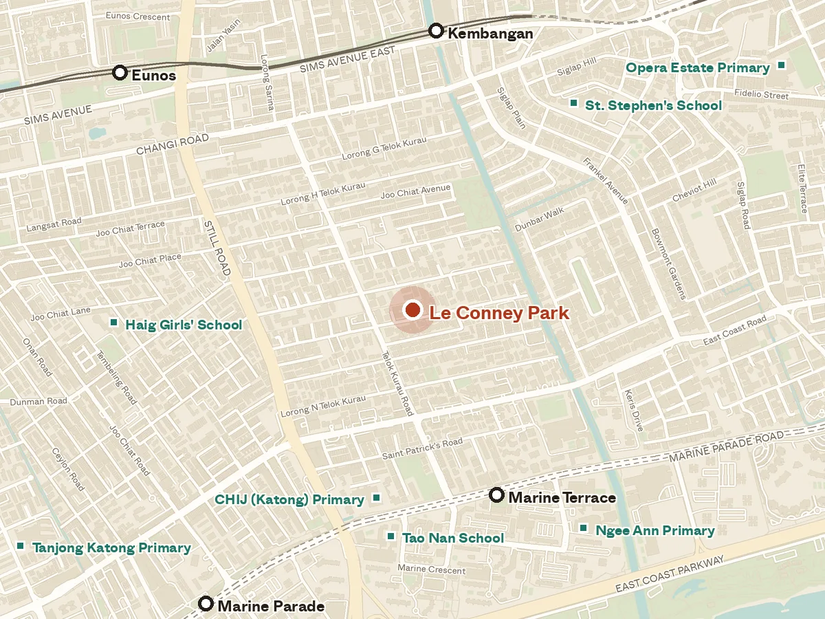 Map of the area around Le Conney Park, with nearby MRT stations and primary schools