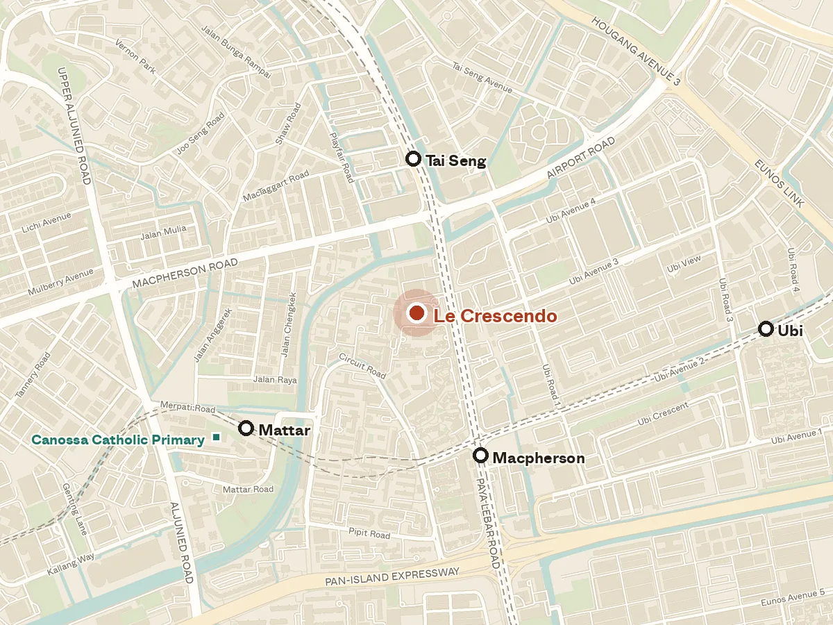 Map of the area around Le Crescendo, with nearby MRT stations and primary schools