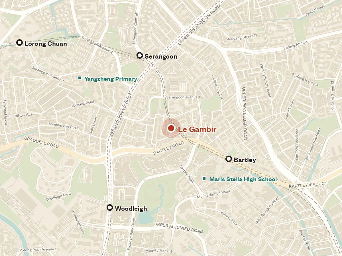 Map of the area around Le Gambir, with nearby MRT stations and primary schools