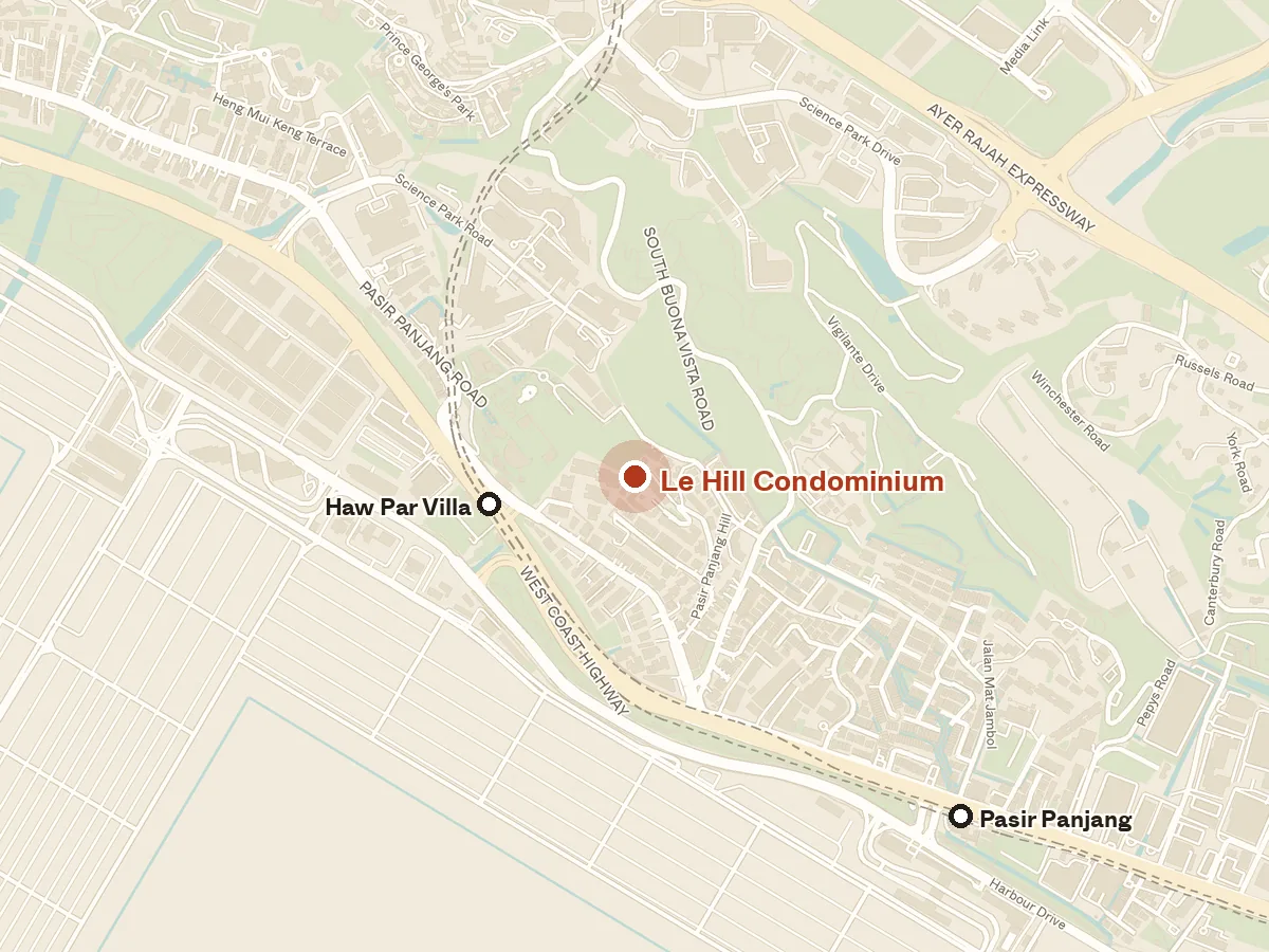 Map of the area around Le Hill Condominium, with nearby MRT stations and primary schools